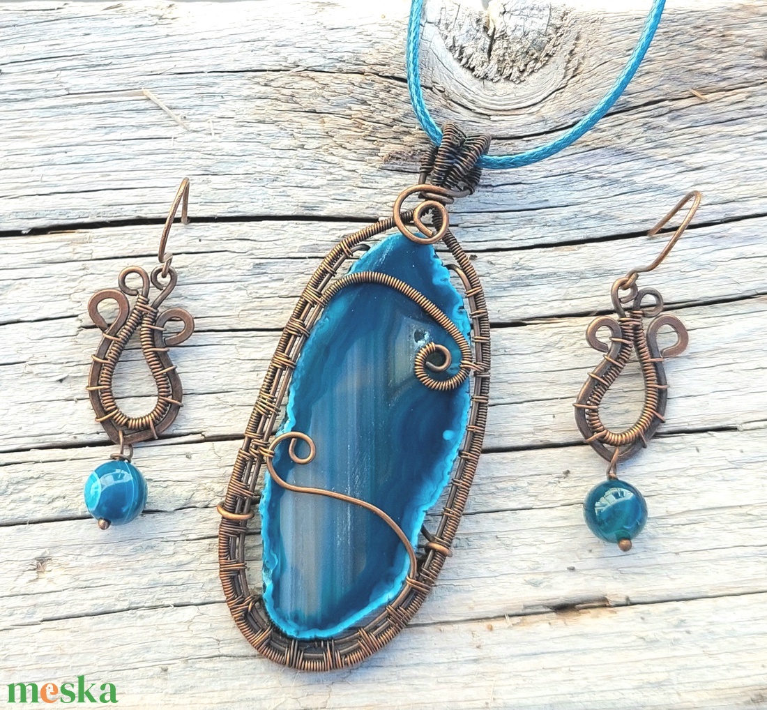 Vörösréz drótékszer szett sötétkék achát ásványokkal - ékszer - ékszerszett - Meska.hu
