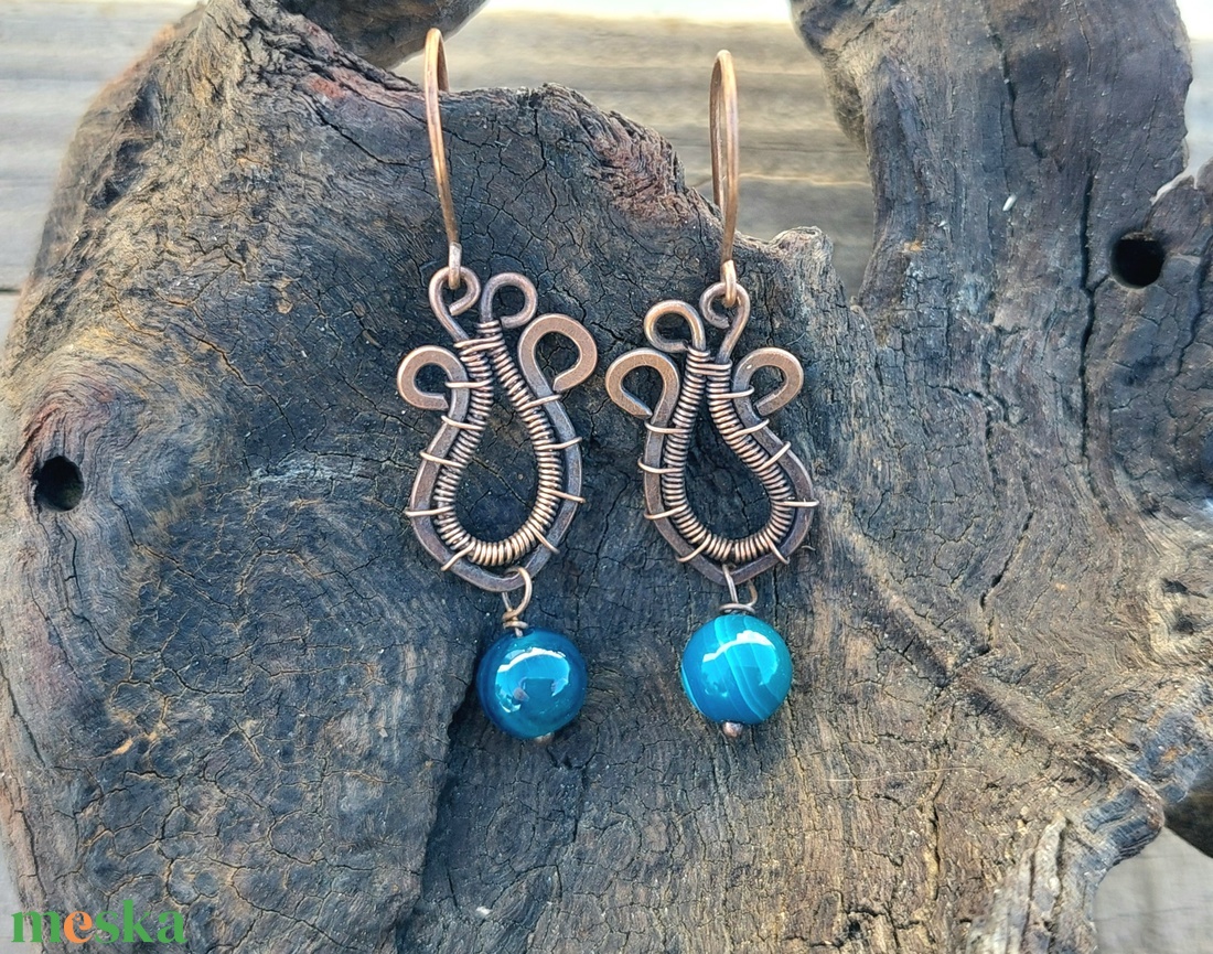 Vörösréz drótékszer szett sötétkék achát ásványokkal - ékszer - ékszerszett - Meska.hu