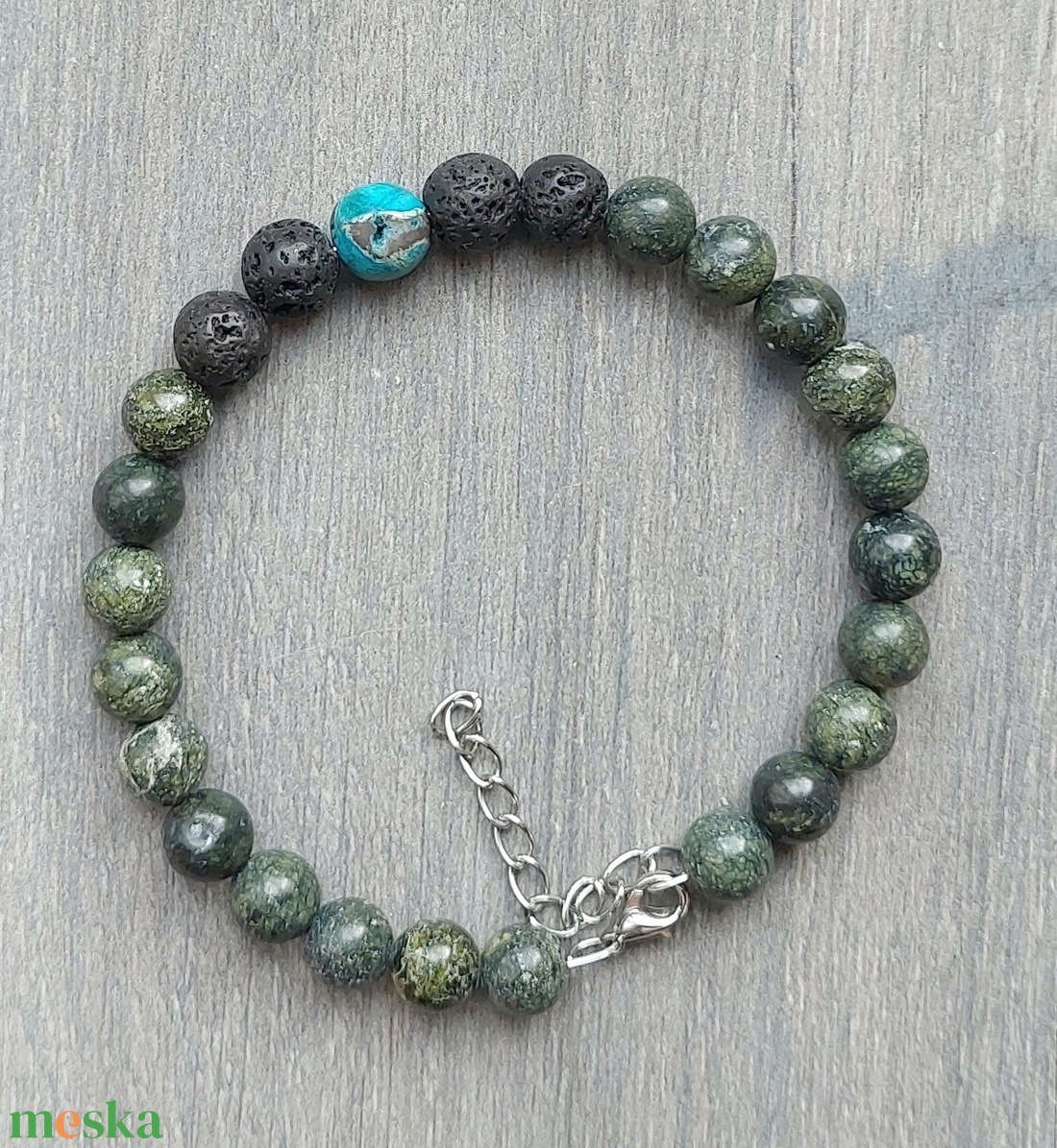 Unisex ásványkarkötő orosz szerpentin, lávakő és jáspis kővel - ékszer - karkötő - karperec - Meska.hu