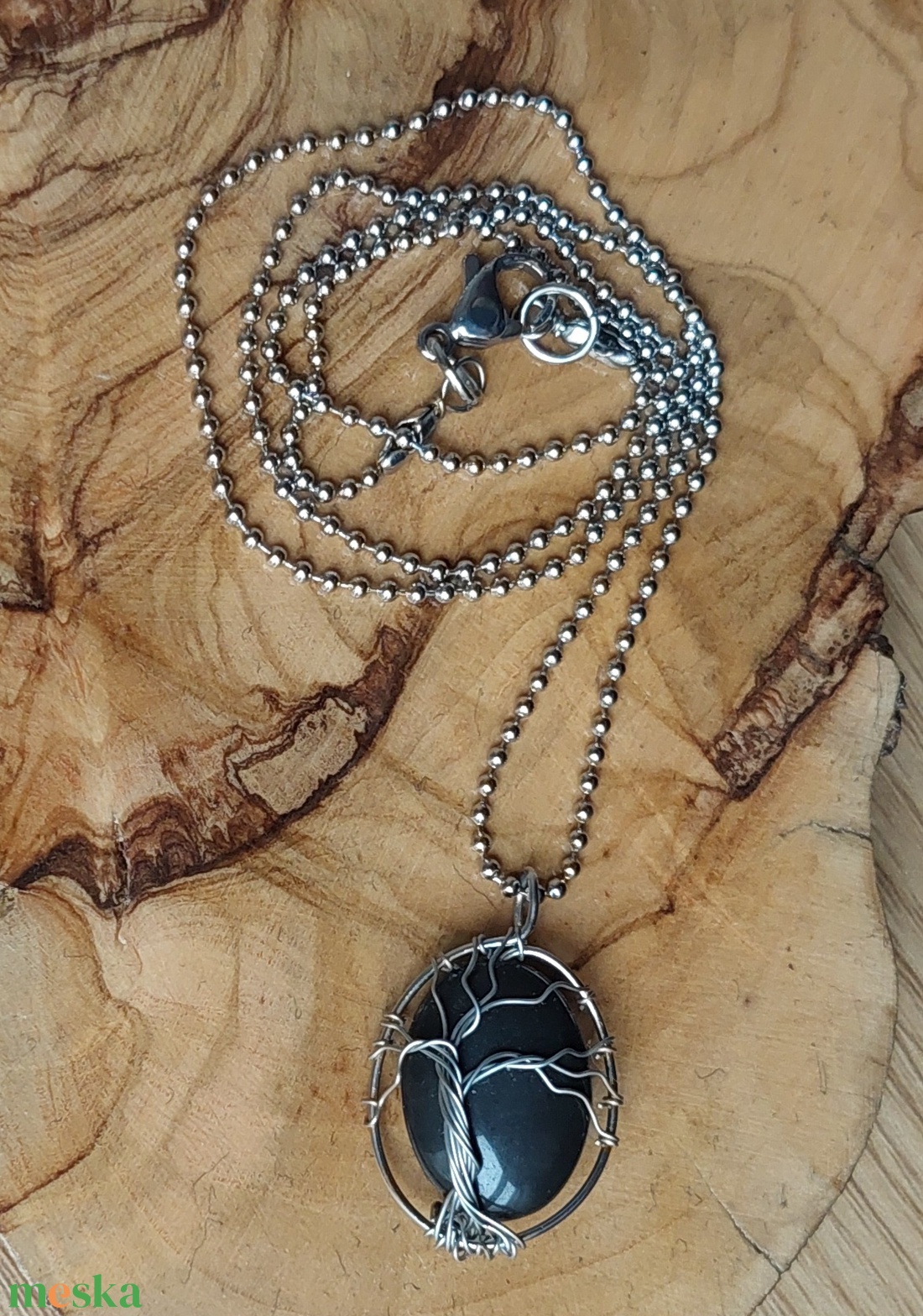 Acél életfa nyaklánc obszidián ásvánnyal - ékszer - nyaklánc - medálos nyaklánc - Meska.hu