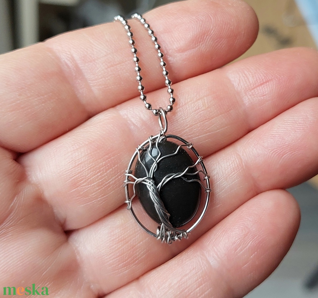 Acél életfa nyaklánc obszidián ásvánnyal - ékszer - nyaklánc - medálos nyaklánc - Meska.hu