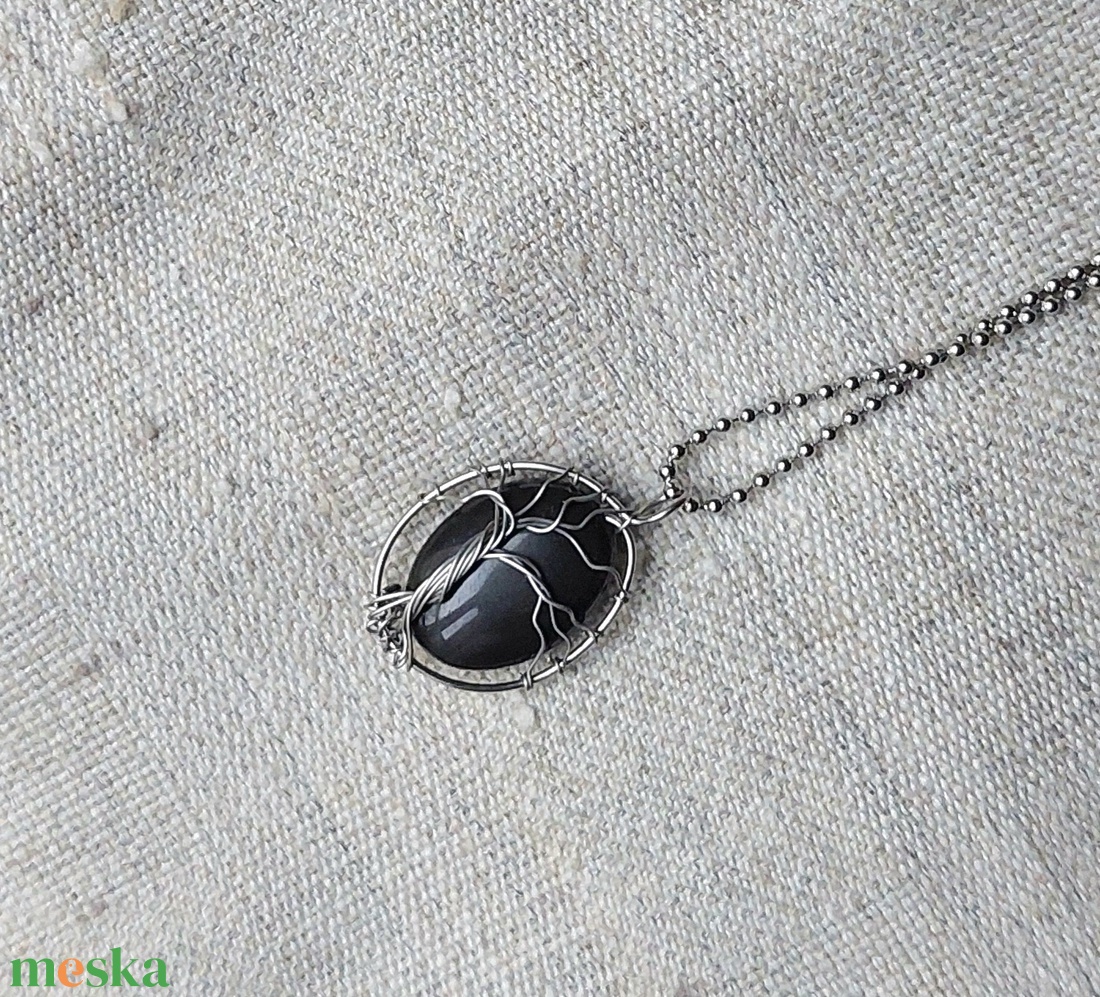 Acél életfa nyaklánc obszidián ásvánnyal - ékszer - nyaklánc - medálos nyaklánc - Meska.hu