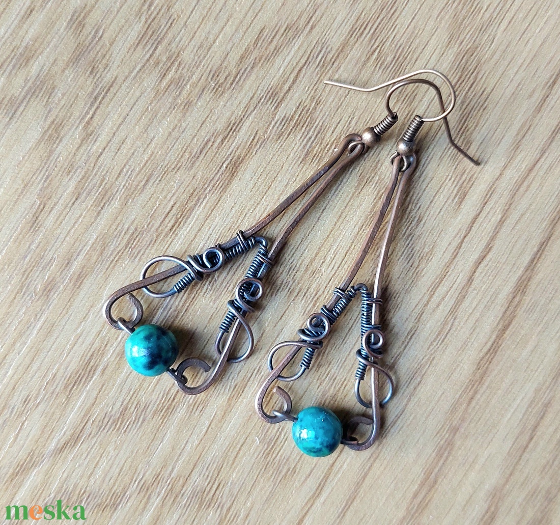 Vörösréz drótékszer szett krizokolla kövekkel - ékszer - ékszerszett - Meska.hu