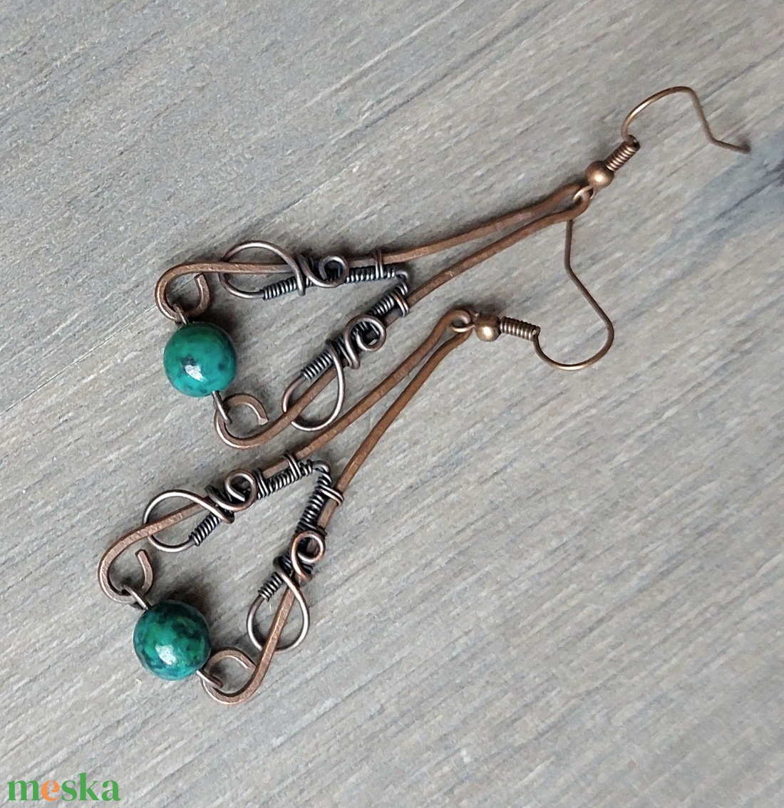 Vörösréz drótékszer szett krizokolla kövekkel - ékszer - ékszerszett - Meska.hu