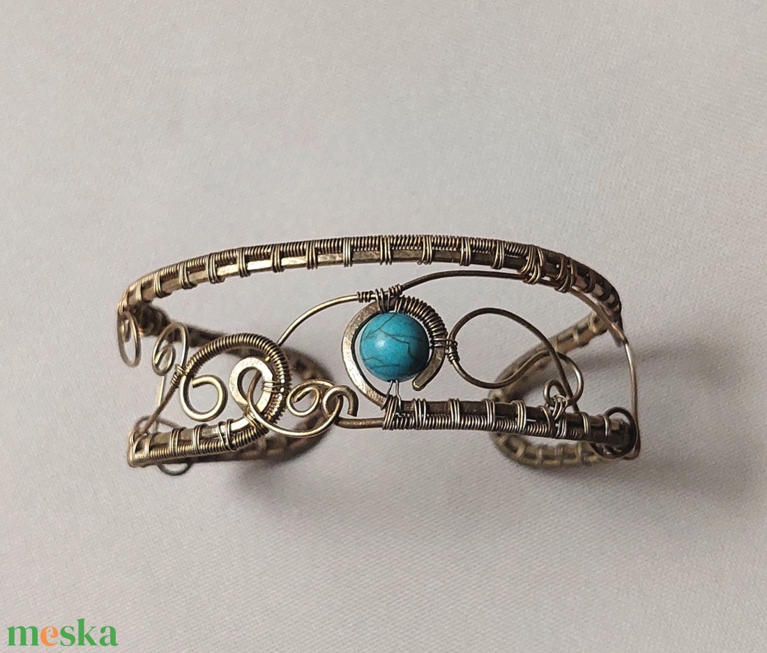 Antikolt alpakka karkötő türkiz ásvánnyal - ékszer - karkötő - karperec - Meska.hu