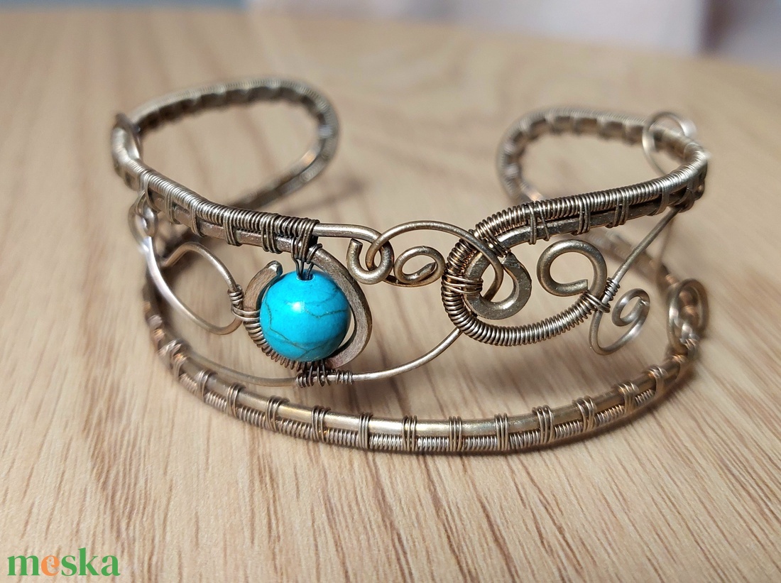 Antikolt alpakka karkötő türkiz ásvánnyal - ékszer - karkötő - karperec - Meska.hu