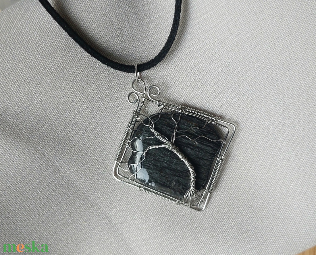 Acél életfa nyaklánc fekete pala kővel - ékszer - nyaklánc - medálos nyaklánc - Meska.hu