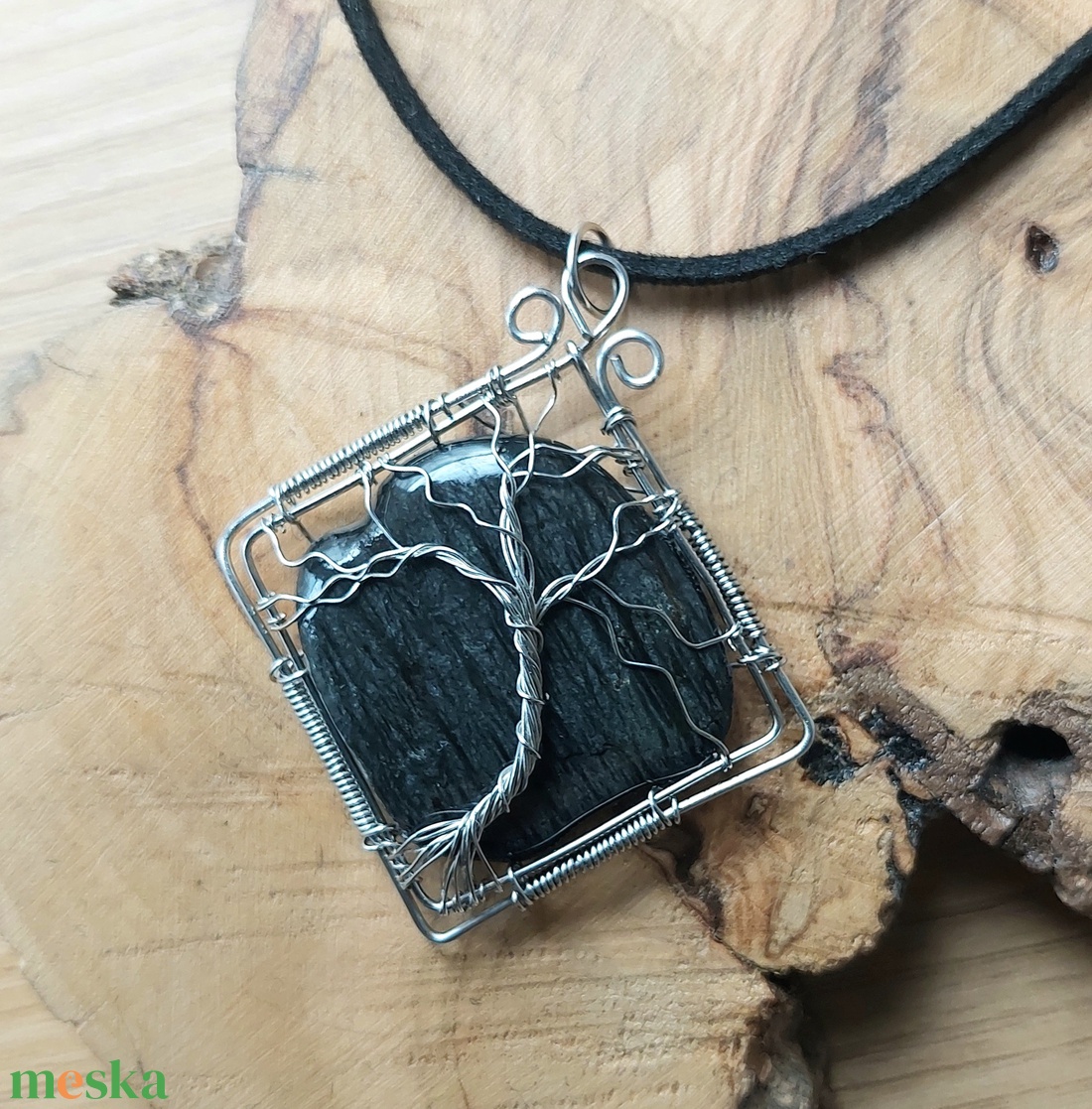 Acél életfa nyaklánc fekete pala kővel - ékszer - nyaklánc - medálos nyaklánc - Meska.hu