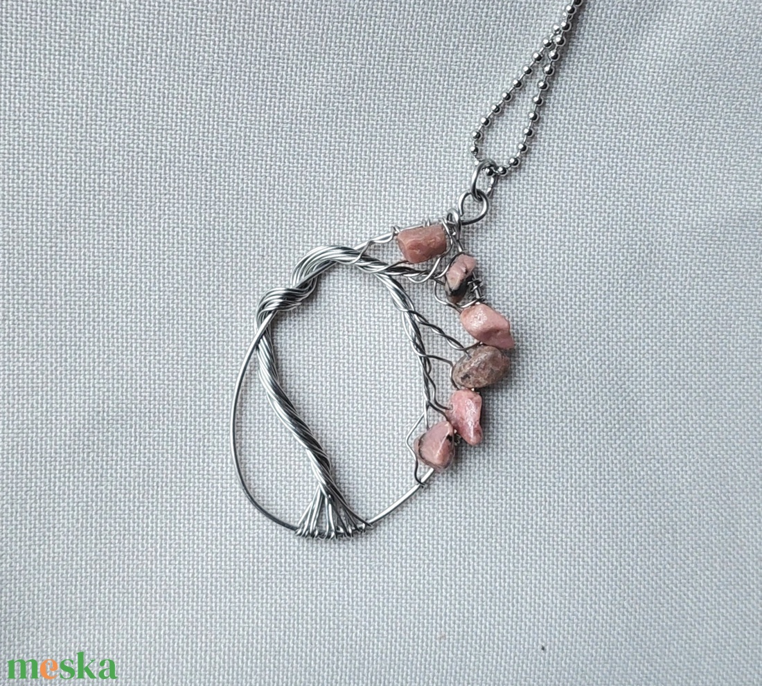 Életfa nyaklánc acél drótból rodonit ásvány kövekkel - ékszer - nyaklánc - medálos nyaklánc - Meska.hu