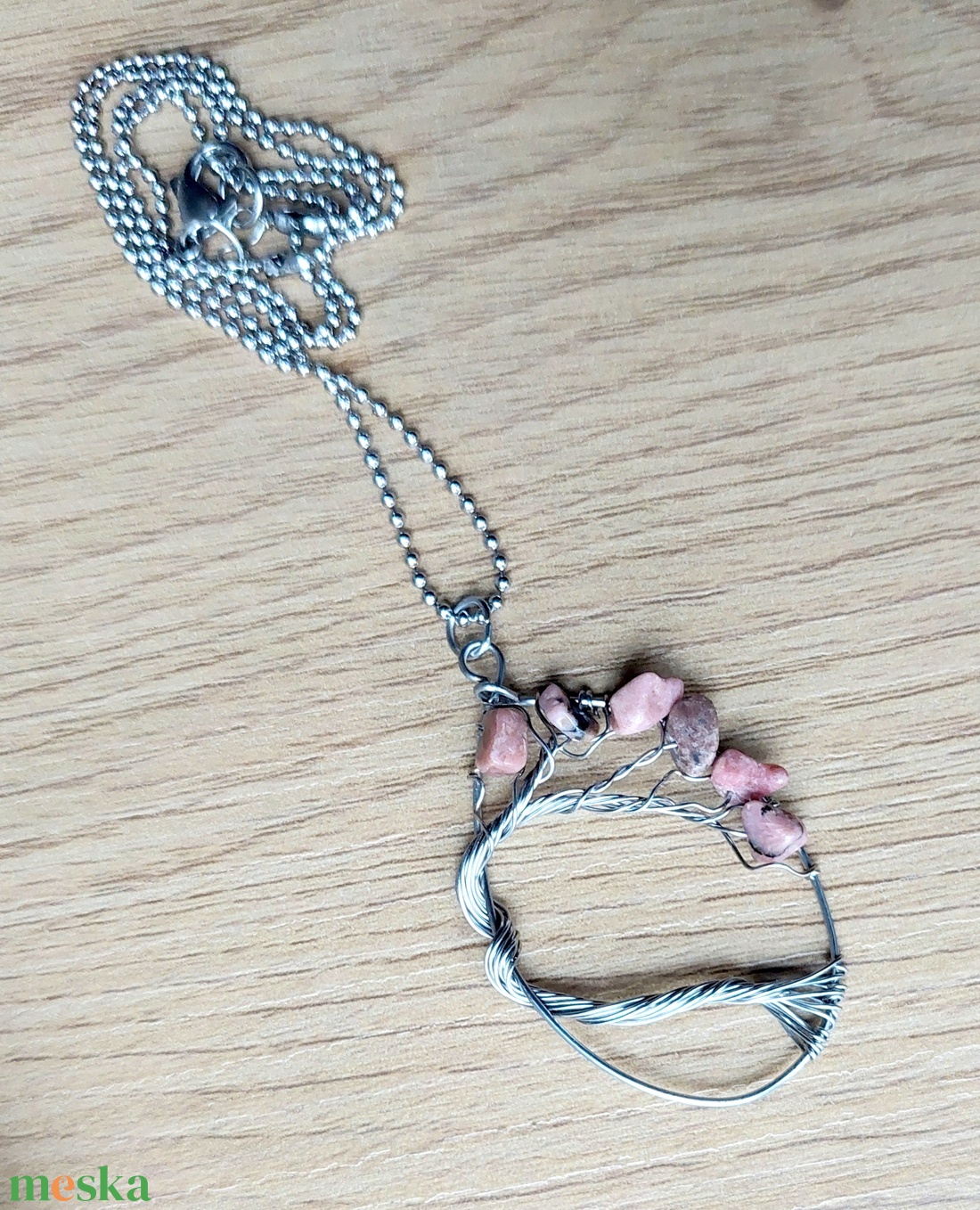 Életfa nyaklánc acél drótból rodonit ásvány kövekkel - ékszer - nyaklánc - medálos nyaklánc - Meska.hu