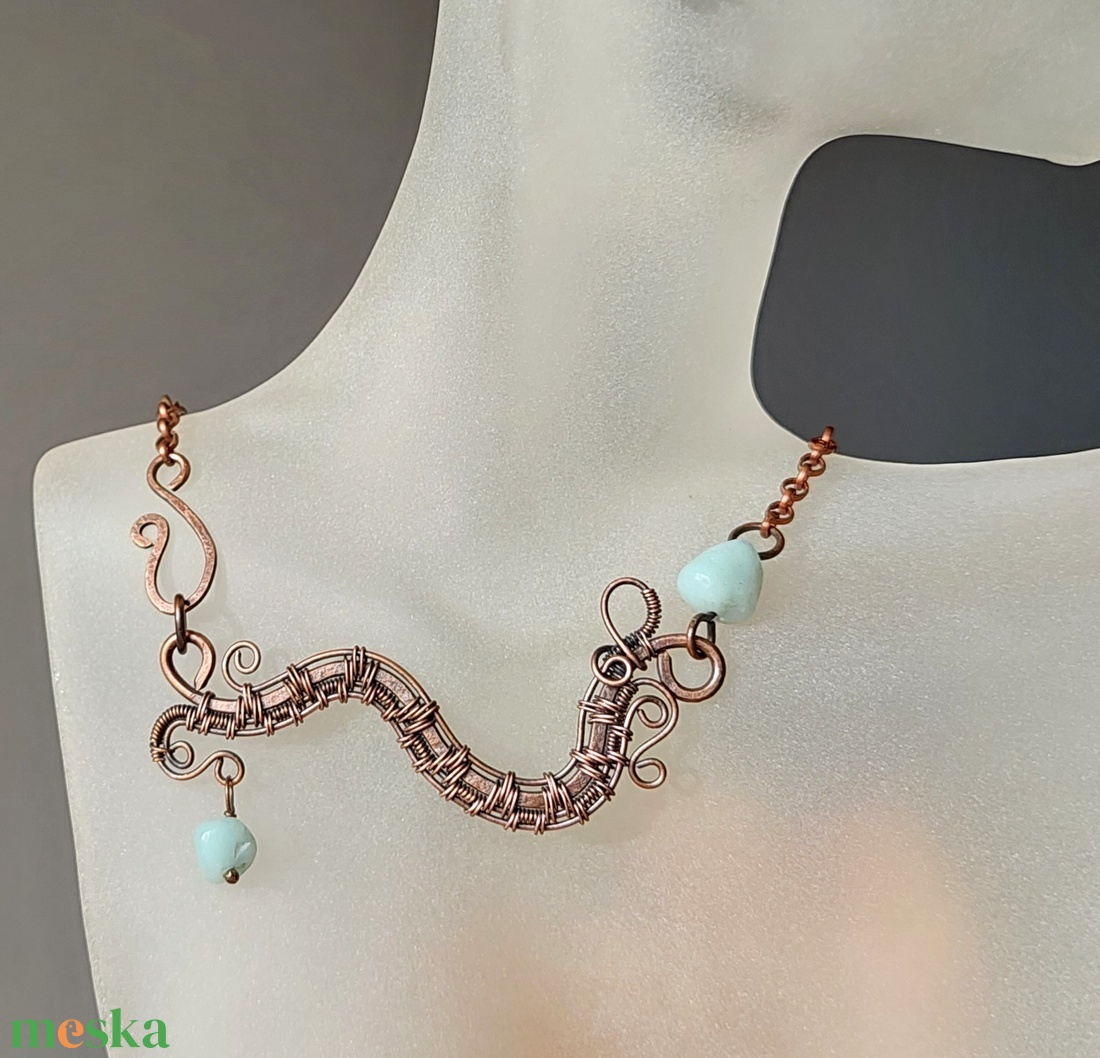 Vörösréz nyaklánc amazonit kövekkel - ékszer - nyaklánc - medálos nyaklánc - Meska.hu