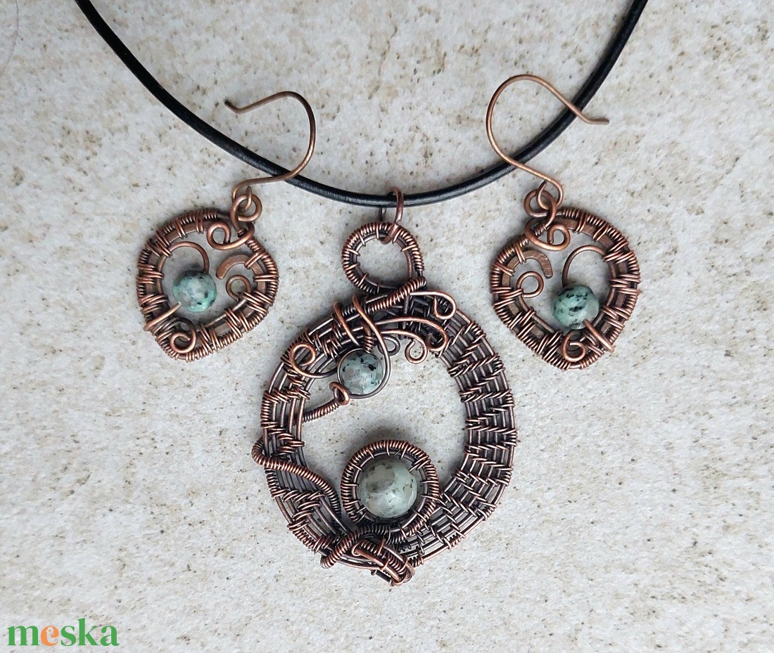 Vörösréz drótékszer szett szezám jáspis ásvánnyal - ékszer - ékszerszett - Meska.hu