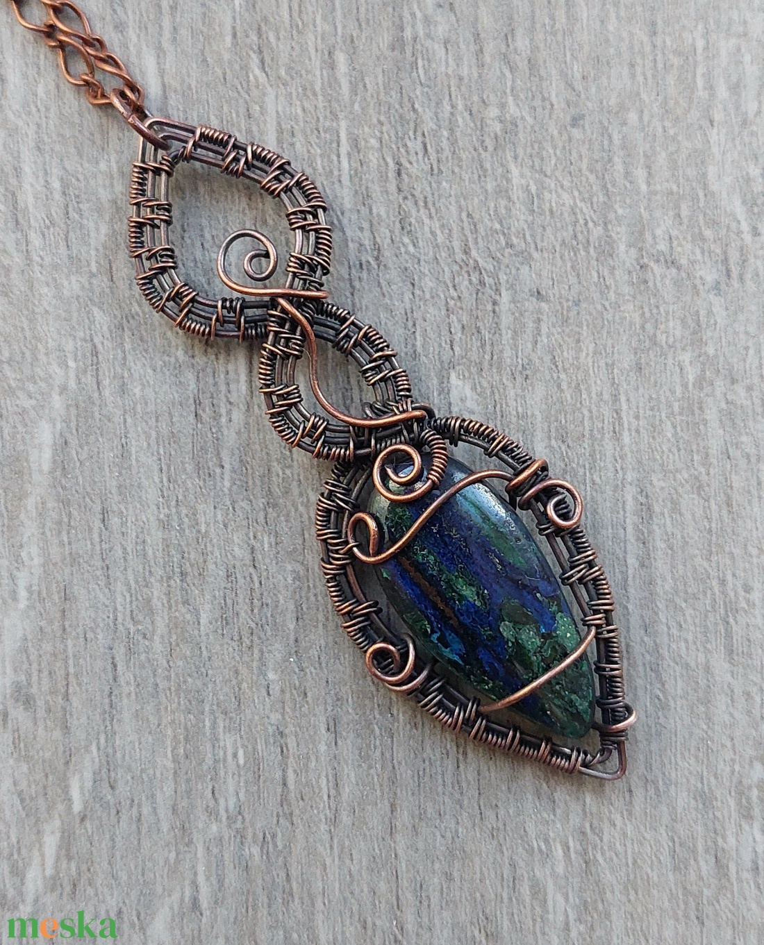 Vörösréz drót nyaklánc azurit-malachit ásvány kővel - ékszer - nyaklánc - medálos nyaklánc - Meska.hu