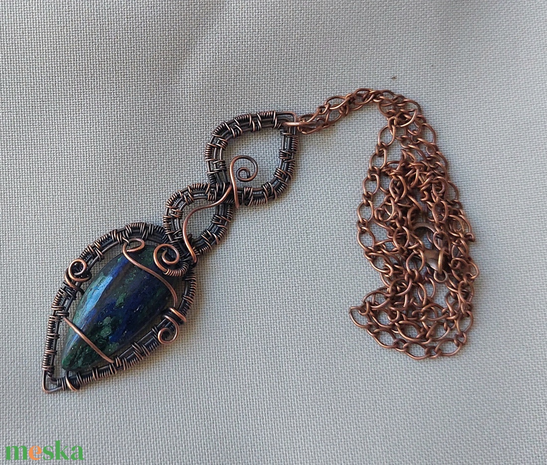 Vörösréz drót nyaklánc azurit-malachit ásvány kővel - ékszer - nyaklánc - medálos nyaklánc - Meska.hu