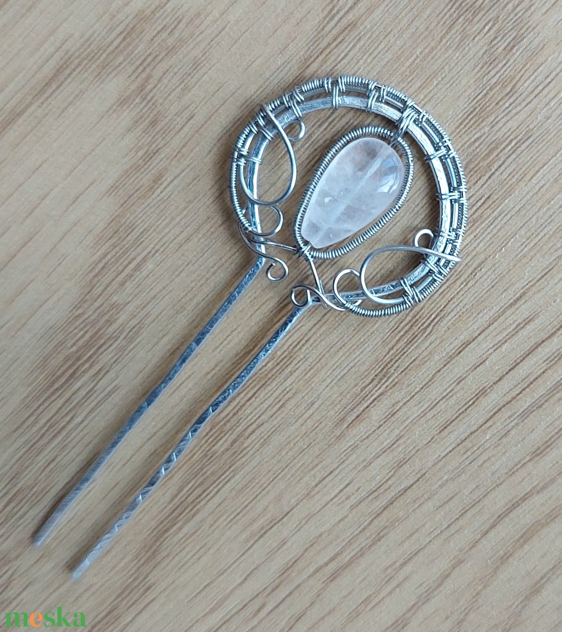 Acél és alumínium drót hajtű rózsakvarc ásvány kővel - ruha & divat - hajdísz & hajcsat - hajcsat & hajtű - Meska.hu