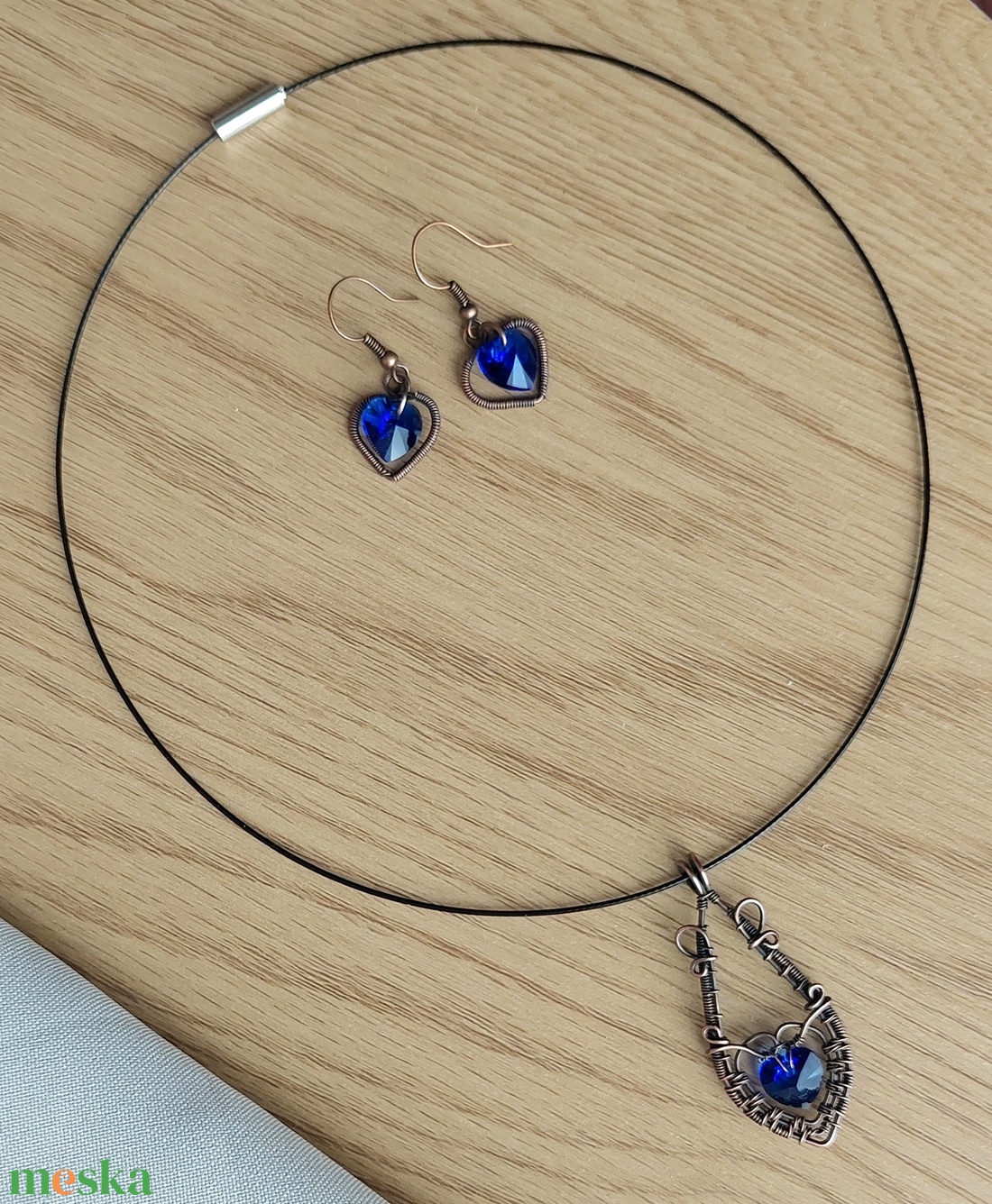 Sötétkék swarovski szív ékszer szett vörösréz drótból - ékszer - ékszerszett - Meska.hu