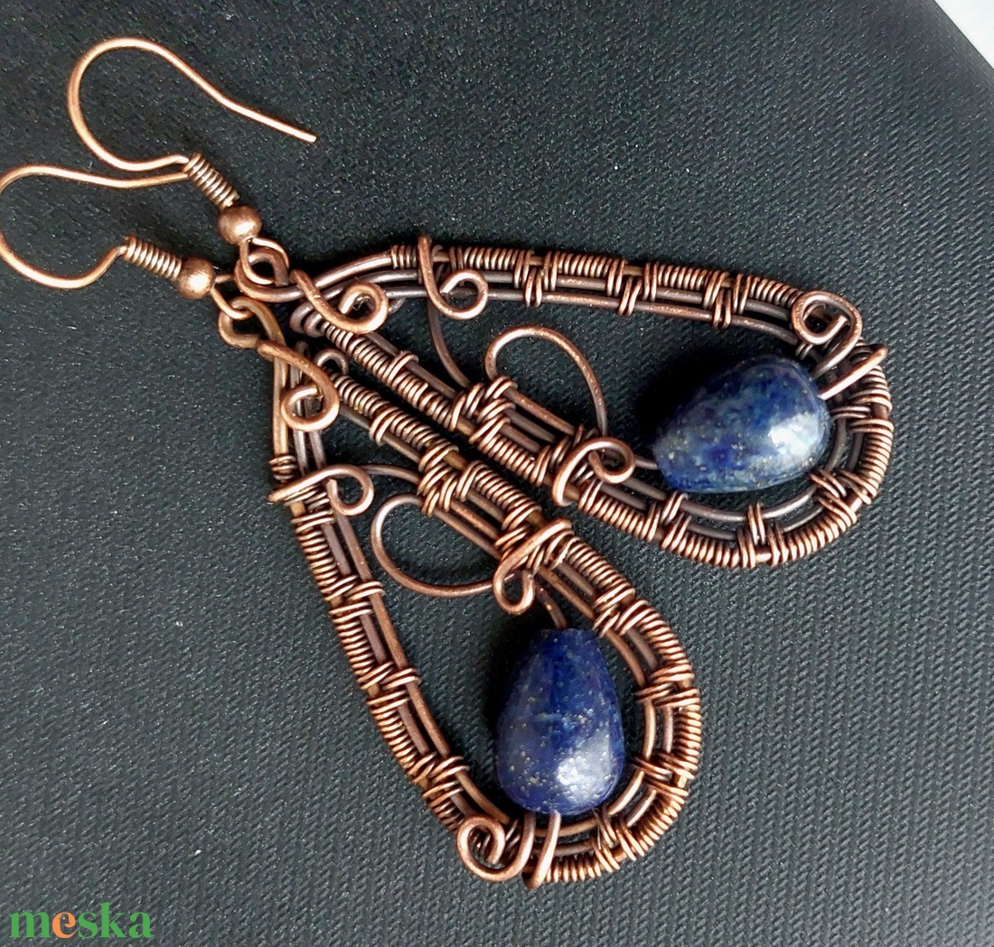 Lápis lazuli vörösréz fülbevaló - ékszer - fülbevaló - lógó fülbevaló - Meska.hu