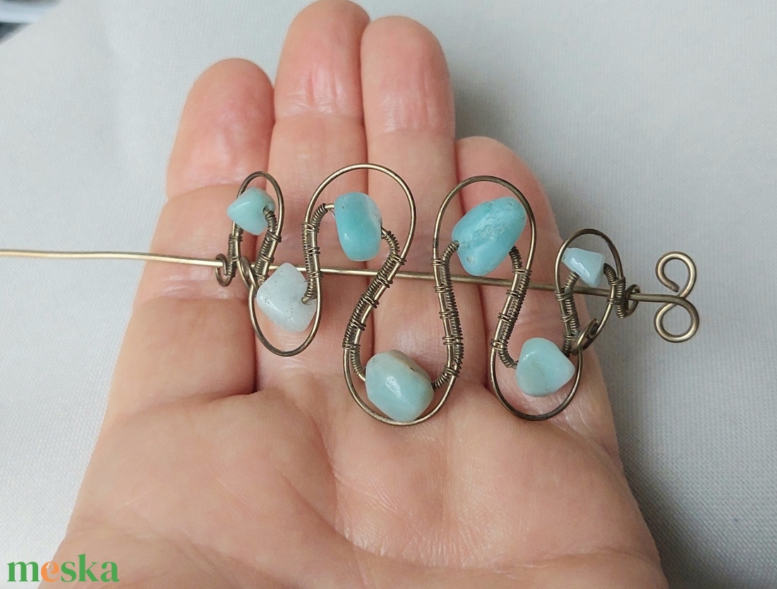 Antikolt alpakka hajtű amazonit ásvány kövekkel - esküvő - hajdísz - hajtű - Meska.hu