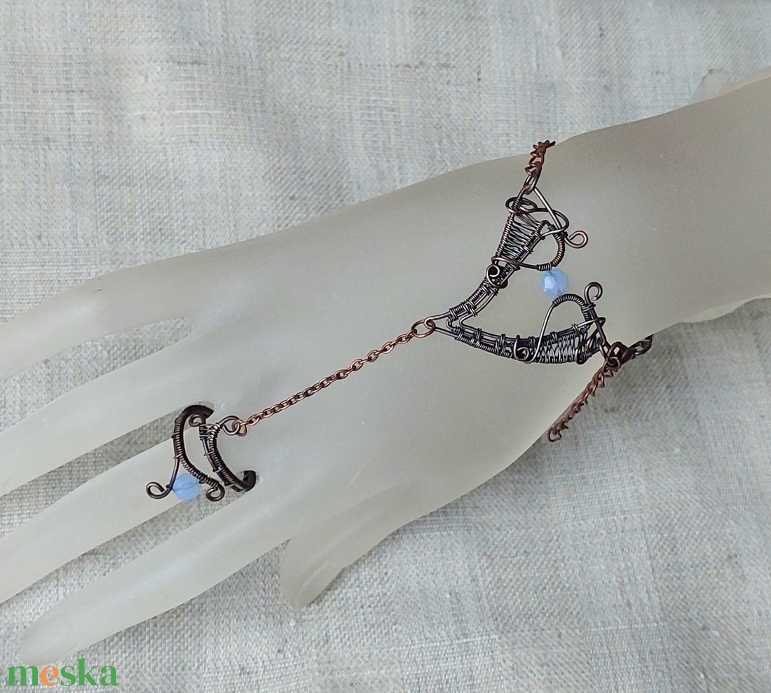 Vörösréz kézékszer, gyűrű karkötő swarovski kristályokkal - ékszer - karkötő - kézfej karkötő - Meska.hu