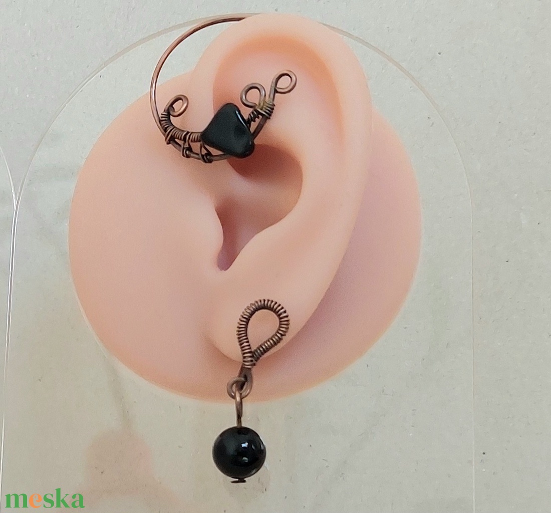 Vörösréz fülékszer obszidián ásvány kövekkel - ékszer - fülbevaló - fülékszer - Meska.hu