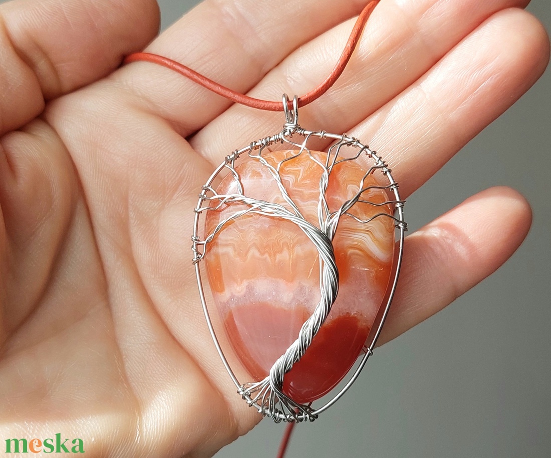 Karneol achát acél életfa nyaklánc - ékszer - nyaklánc - medálos nyaklánc - Meska.hu