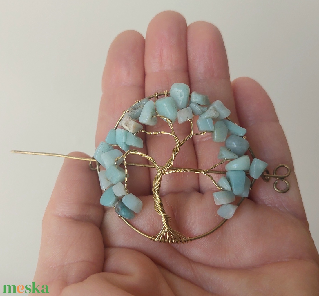 Amazonit ásvány életfa hajtű sárgaréz drótból - ruha & divat - hajdísz & hajcsat - hajcsat & hajtű - Meska.hu