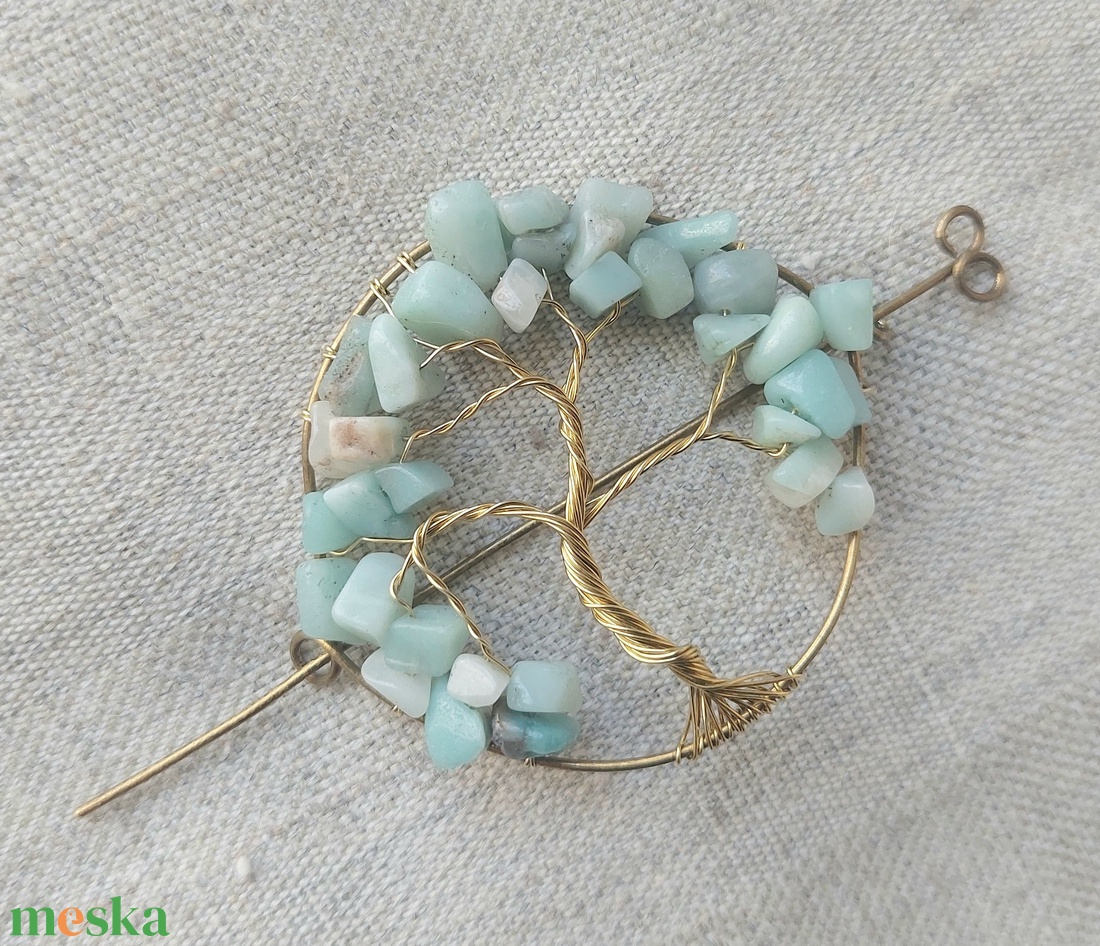 Amazonit ásvány életfa hajtű sárgaréz drótból - ruha & divat - hajdísz & hajcsat - hajcsat & hajtű - Meska.hu
