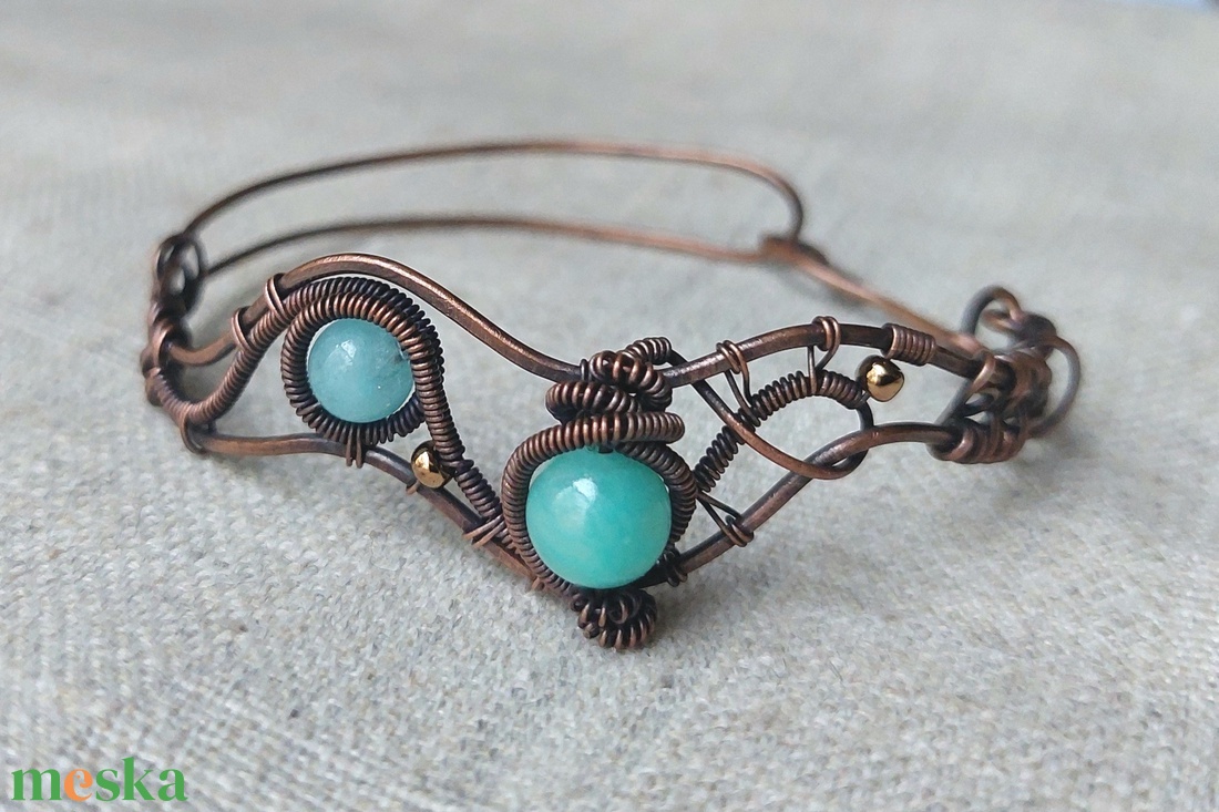 Vörösréz karkötő kék jáde és achát ásvánnyal - ékszer - karkötő - széles karkötő - Meska.hu