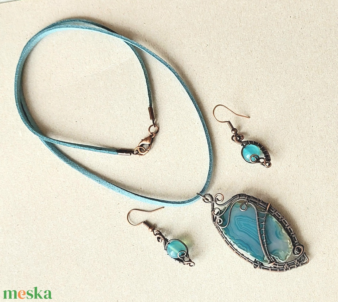 Vörösréz szett kék achát ásvánnyal - ékszer - ékszerszett - Meska.hu