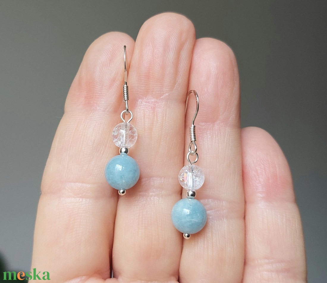 Sterling ezüst fülbevaló akvamarin és hegyikristály ásványokkal - ékszer - fülbevaló - lógó fülbevaló - Meska.hu
