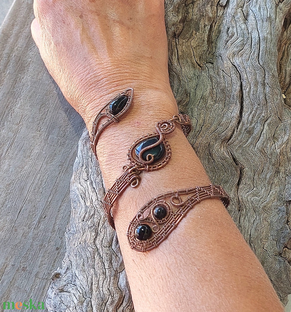 Dupla vörösréz karkötő ónix és fekete achát ásványokkal - ékszer - karkötő - karperec - Meska.hu