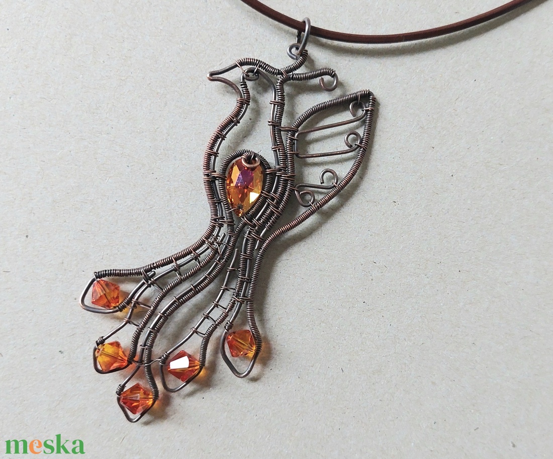 Vörösréz főnix madár nyaklánc swarovski kristályokkal - ékszer - nyaklánc - medálos nyaklánc - Meska.hu