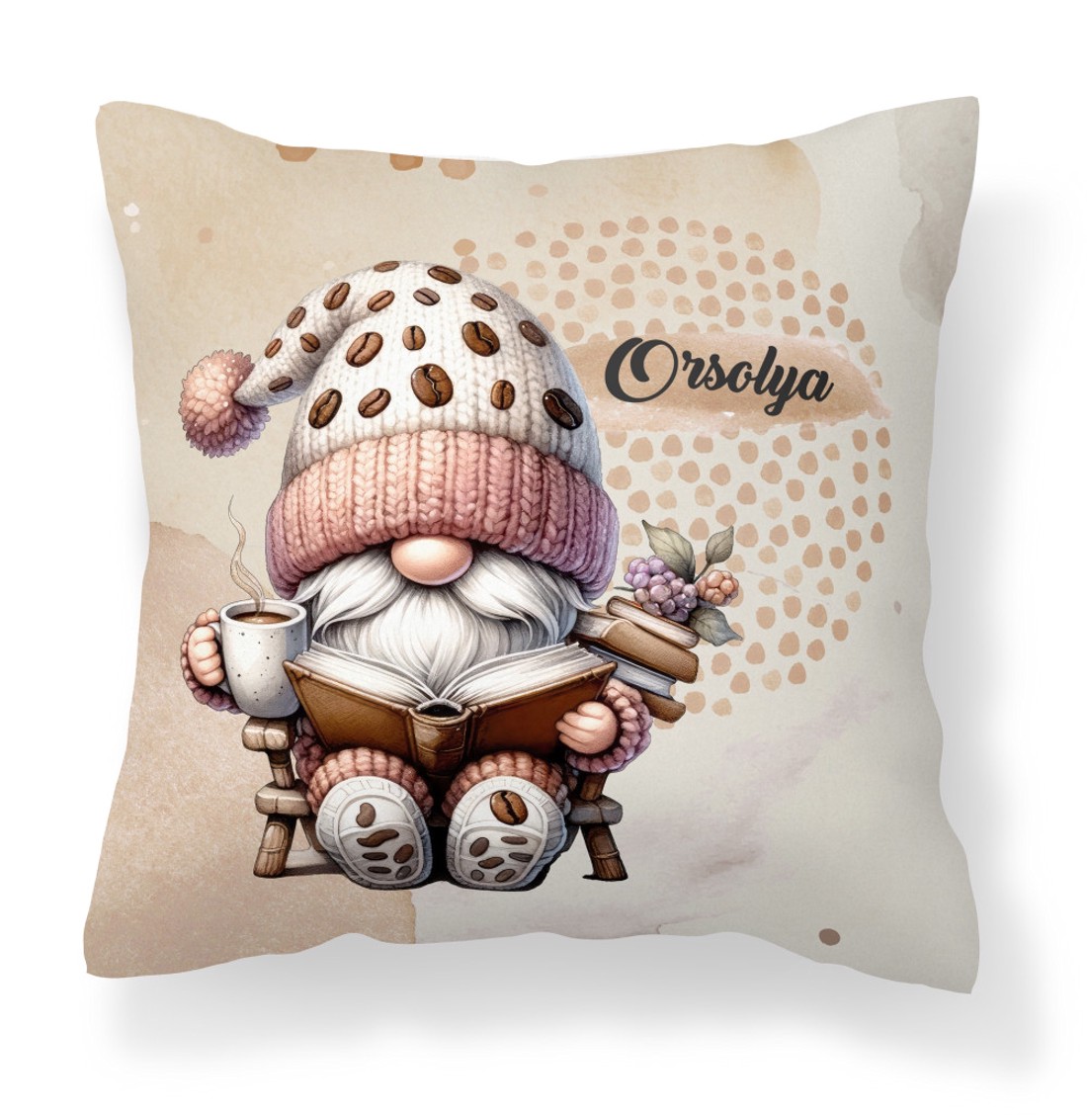Névvel kérhető - Könyvmoly kávés manó mintás párna - otthon & életmód - lakástextil - párna & párnahuzat - díszpárna (belsővel együtt) - Meska.hu