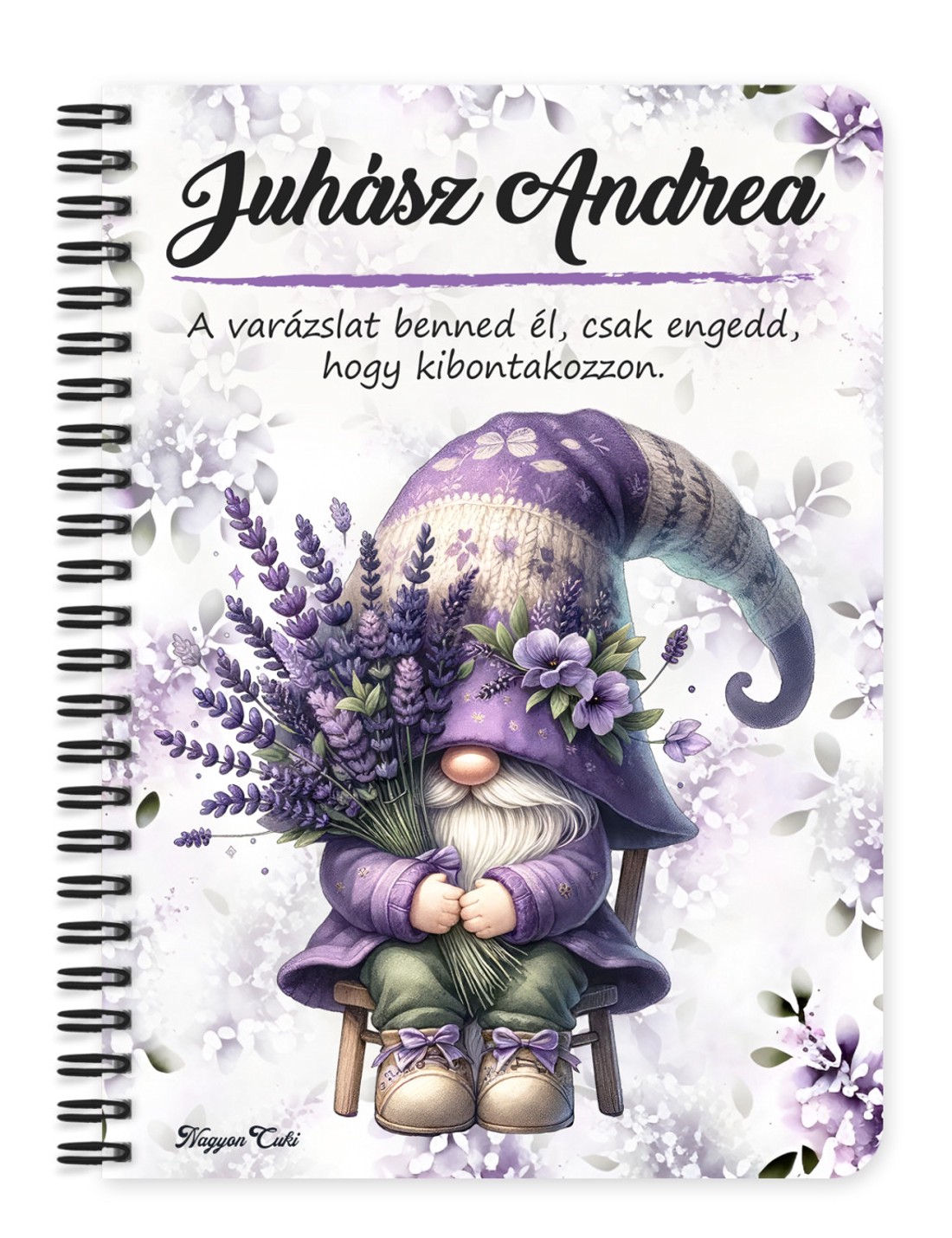 Személyre szabható - Levendulás manó egy csokorral mintás A6-os füzet - otthon & életmód - papír, írószer - jegyzetfüzet & napló - Meska.hu