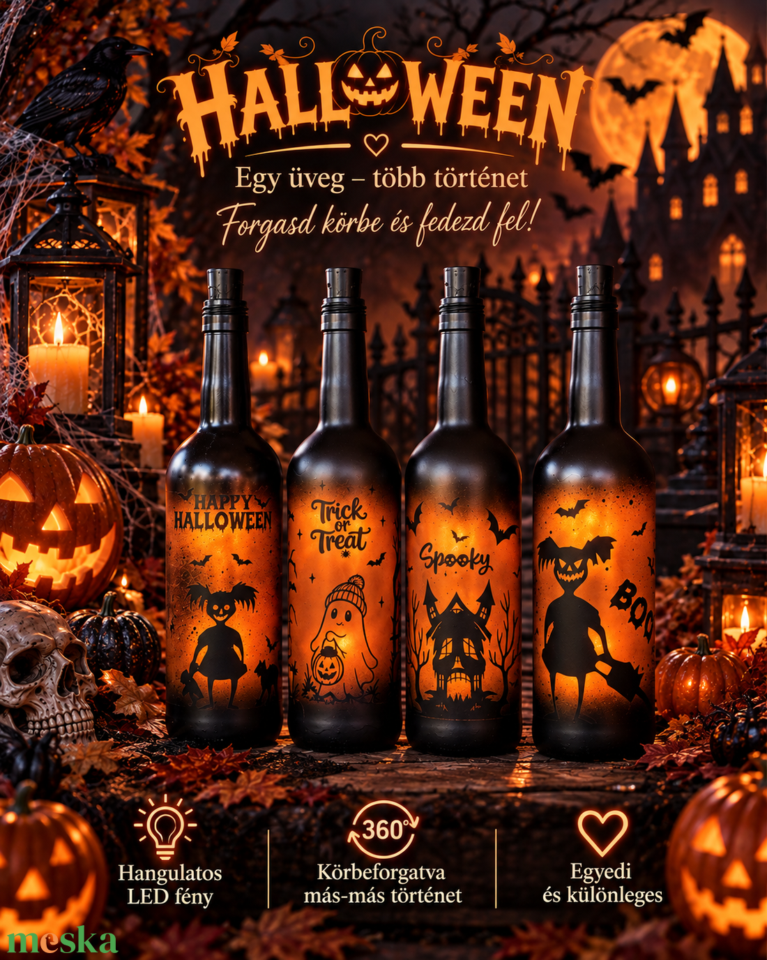 Világító Halloweeni üvegek  - otthon & életmód - dekoráció - halloween - halloweeni lámpás - Meska.hu