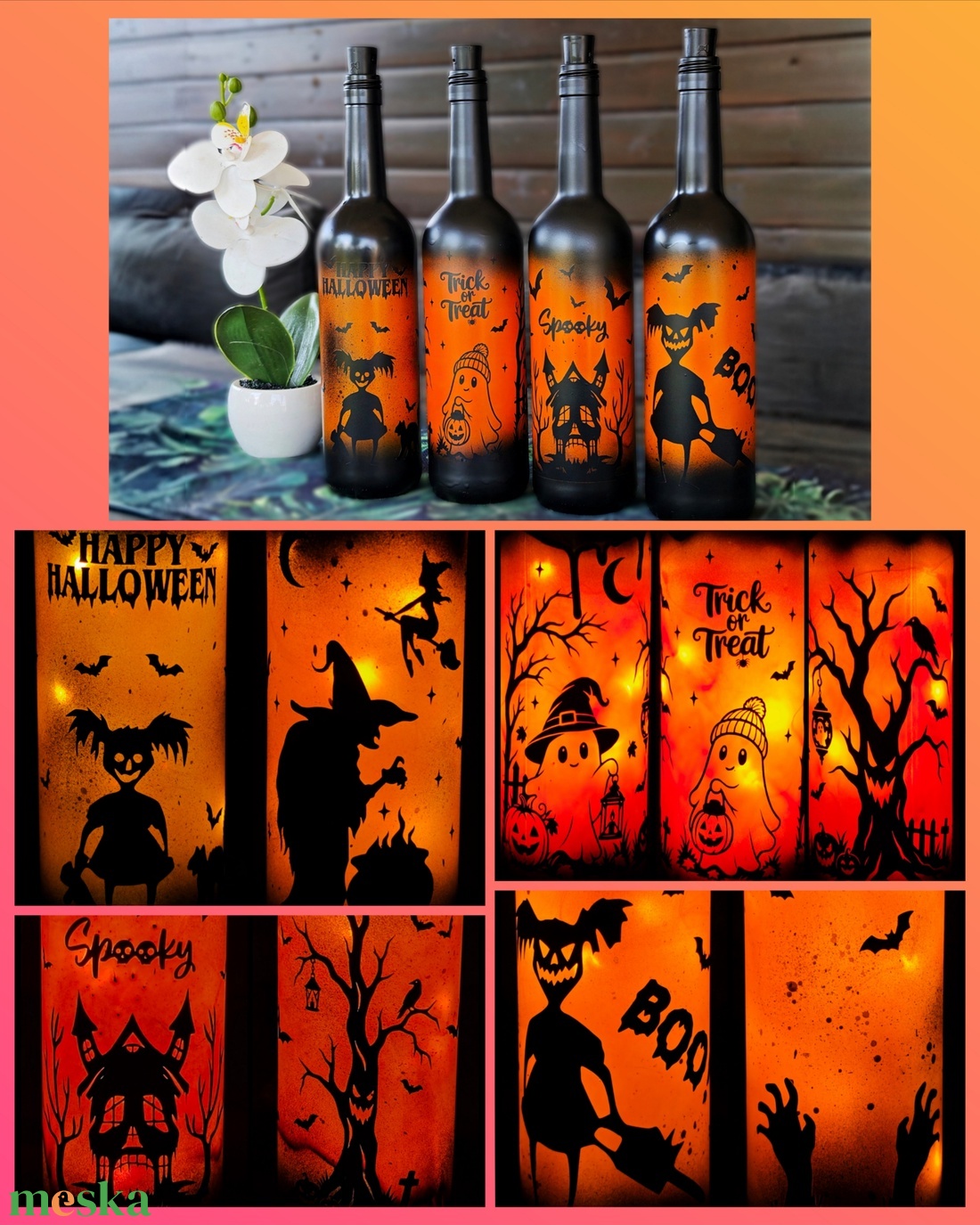 Világító Halloweeni üvegek  - otthon & életmód - dekoráció - halloween - halloweeni lámpás - Meska.hu
