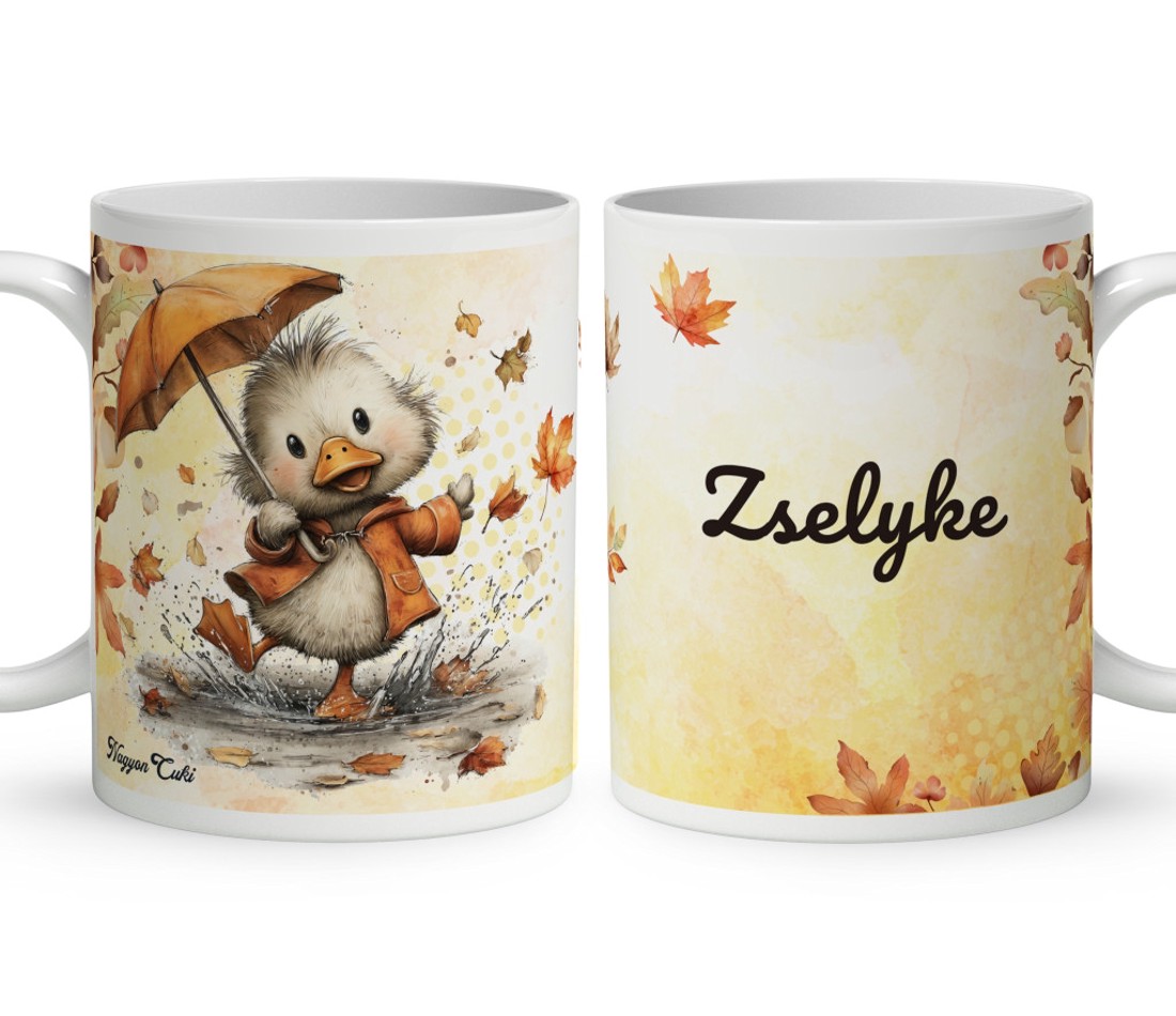 Névvel kérhető - Cuki őszi esernyős kiskacsa mintás bögre - otthon & életmód - konyhafelszerelés, tálalás - tálalás - bögre & csésze - Meska.hu