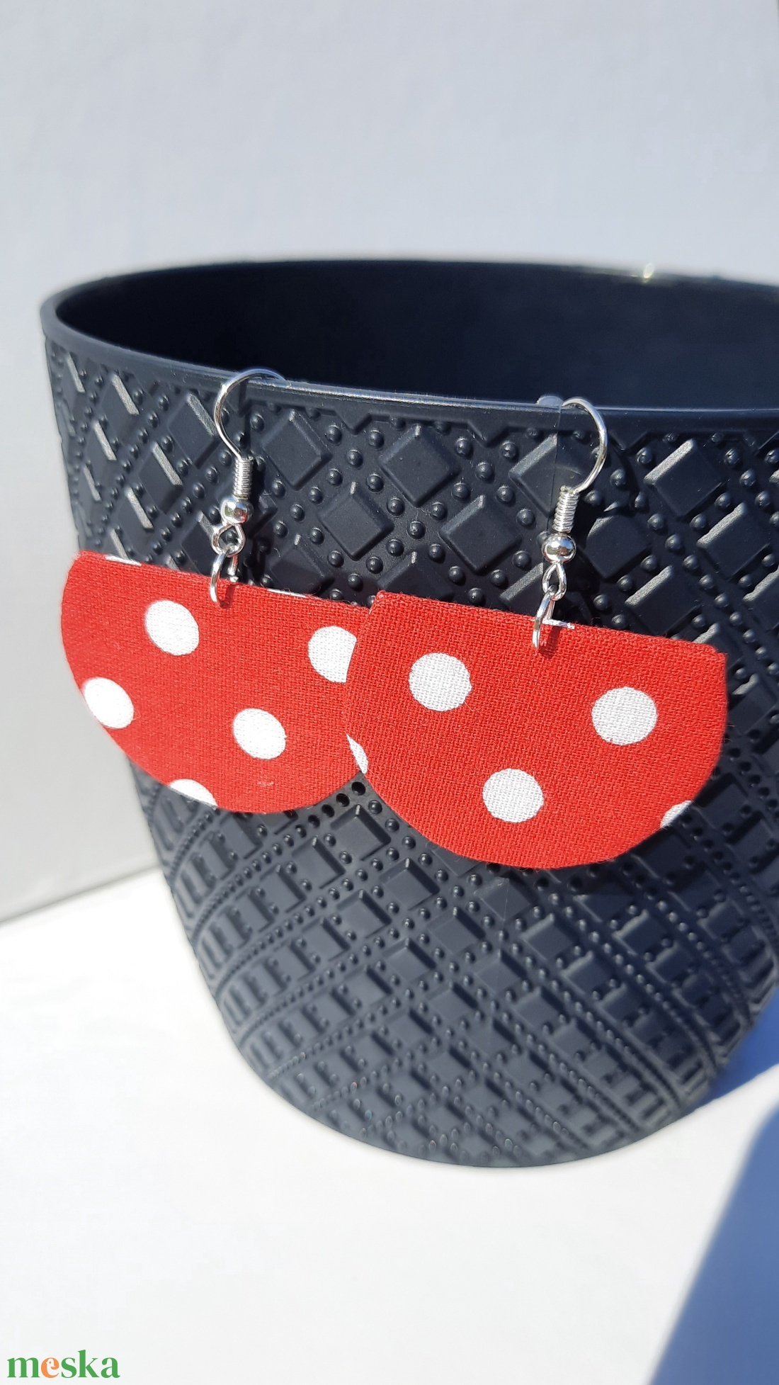 Piros fehér pöttyös textilfülbevaló - ékszer - fülbevaló - lógó fülbevaló - Meska.hu