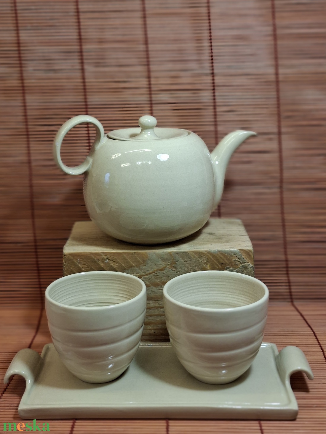 Teaskanna, kettő pohárral és tálcával  - otthon & életmód - konyhafelszerelés, tálalás - konyhai tárolás - tea & kávé tárolás - Meska.hu