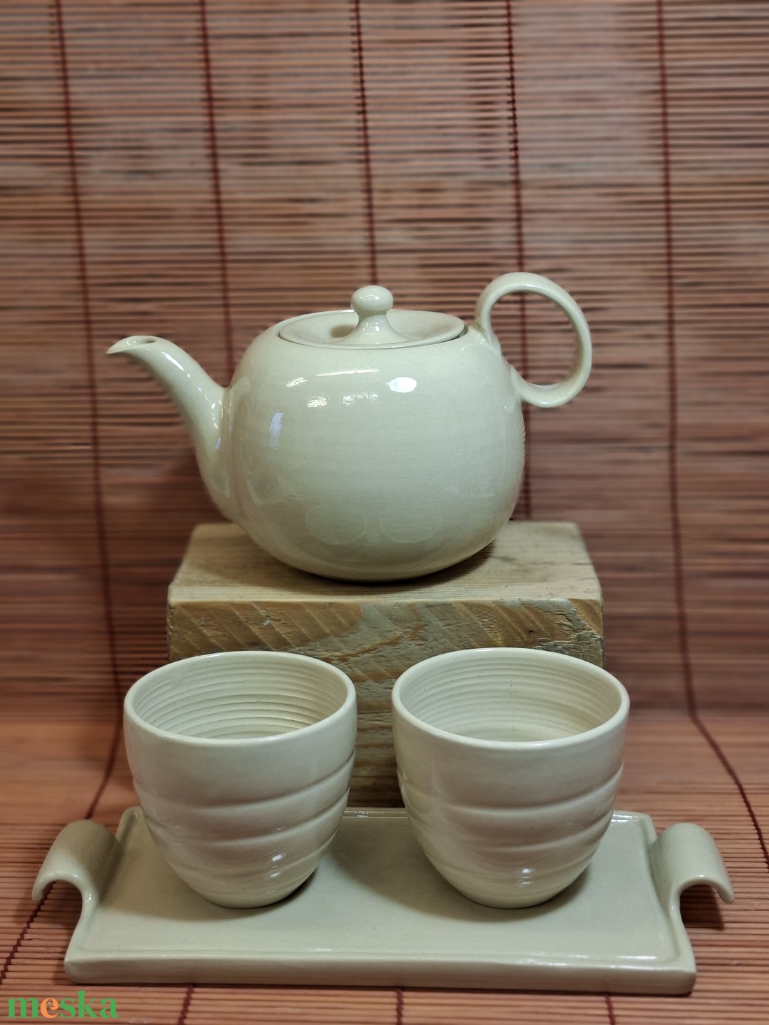 Teaskanna, kettő pohárral és tálcával  - otthon & életmód - konyhafelszerelés, tálalás - konyhai tárolás - tea & kávé tárolás - Meska.hu