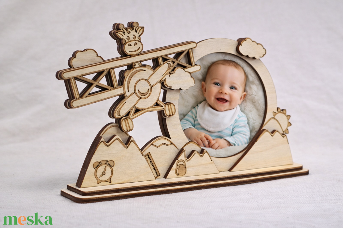 Repülős, zsiráfos baba fotótartó � egyedi, lézervágott fa képkeret - otthon & életmód - dekoráció - dísztárgy - Meska.hu