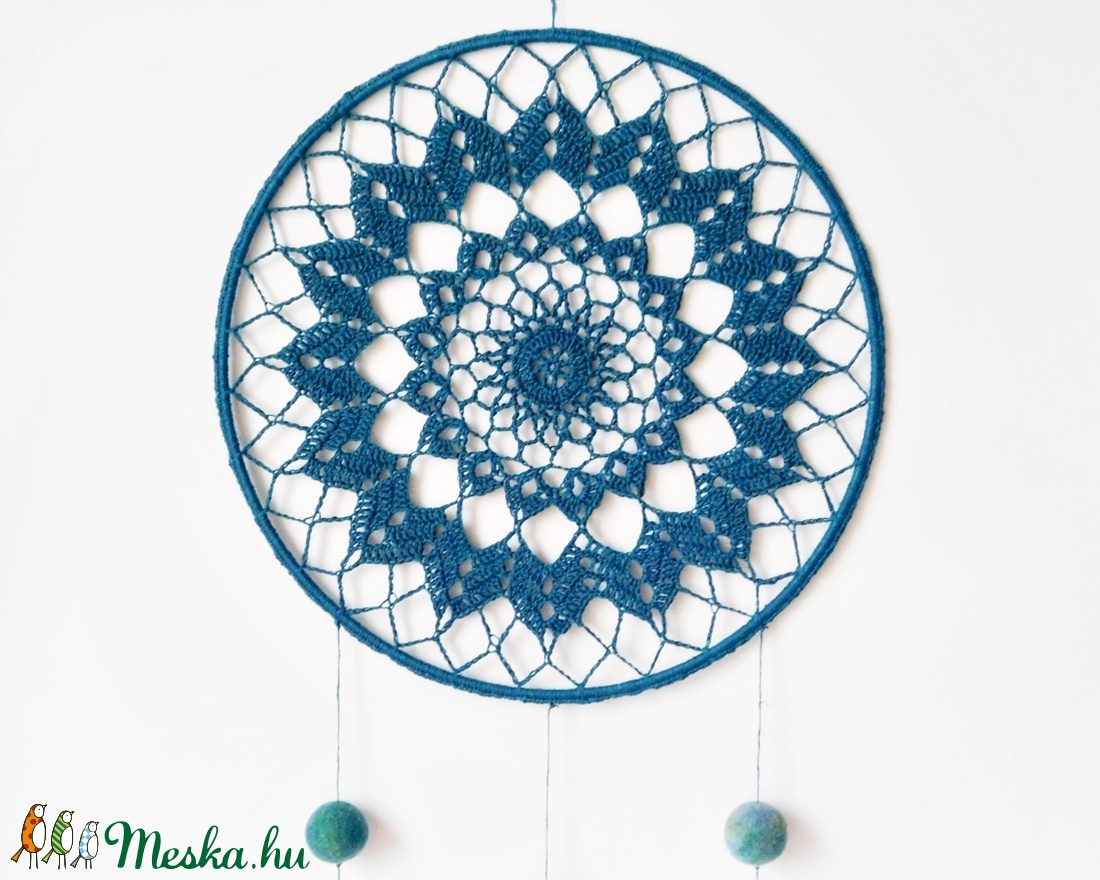 Türkizkék mandala falidísz 25 cm, álomfogó, horgolt lakásdekoráció -  - Meska.hu