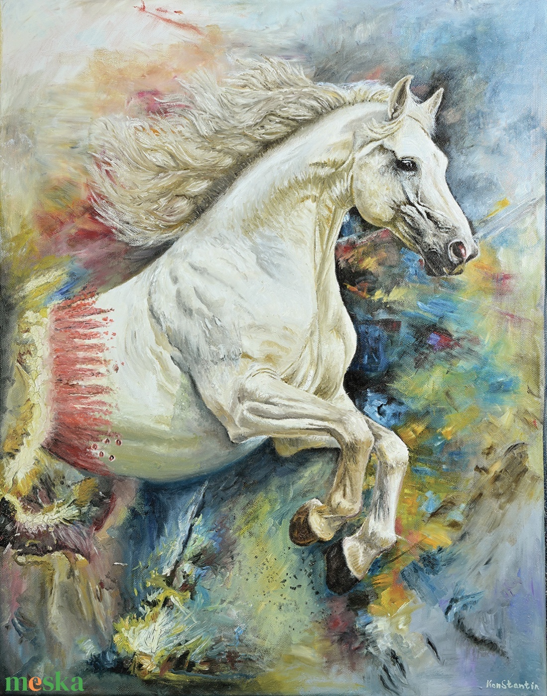 Konstantin Pál: fehér ló modern nagyméretű olajfestmény vásznon, oldalt festve - művészet - festmény - olajfestmény - Meska.hu