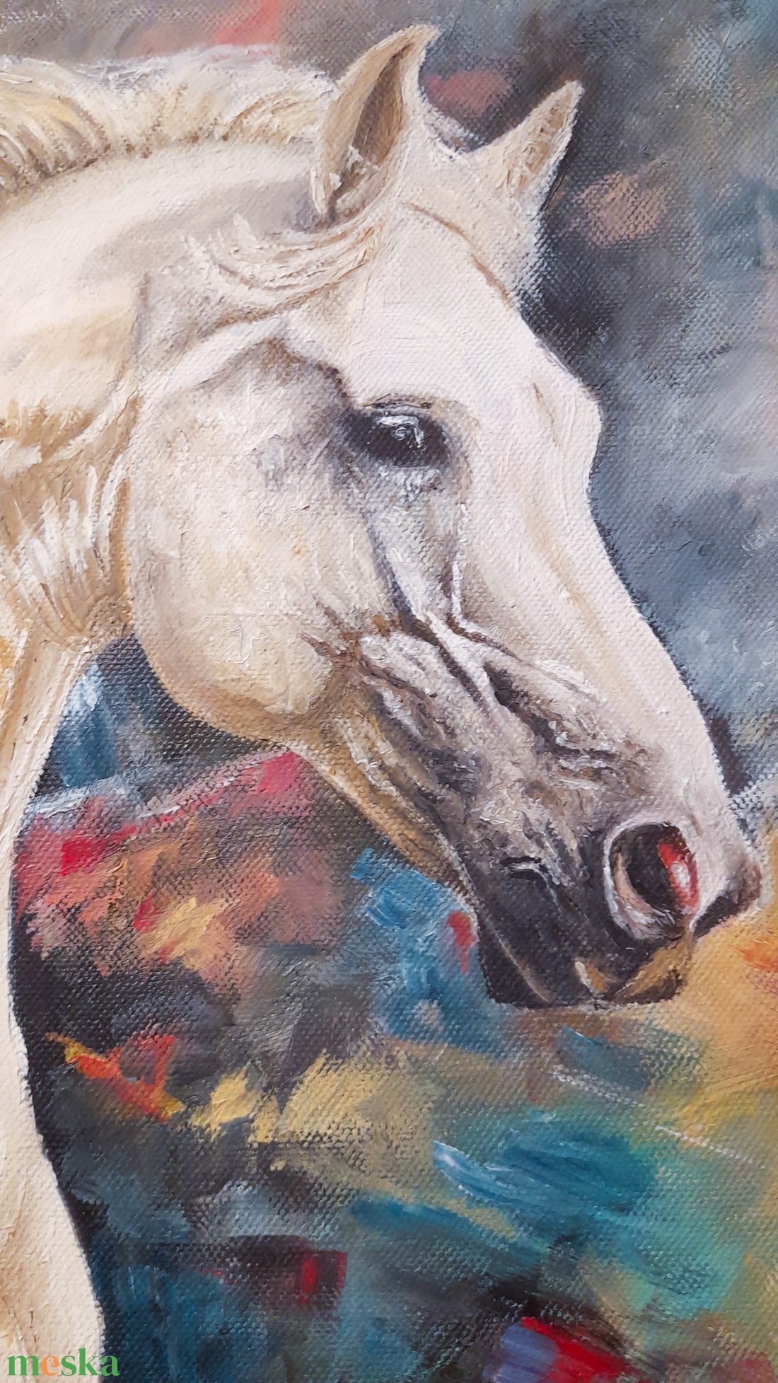 Konstantin Pál: fehér ló modern nagyméretű olajfestmény vásznon, oldalt festve - művészet - festmény - olajfestmény - Meska.hu