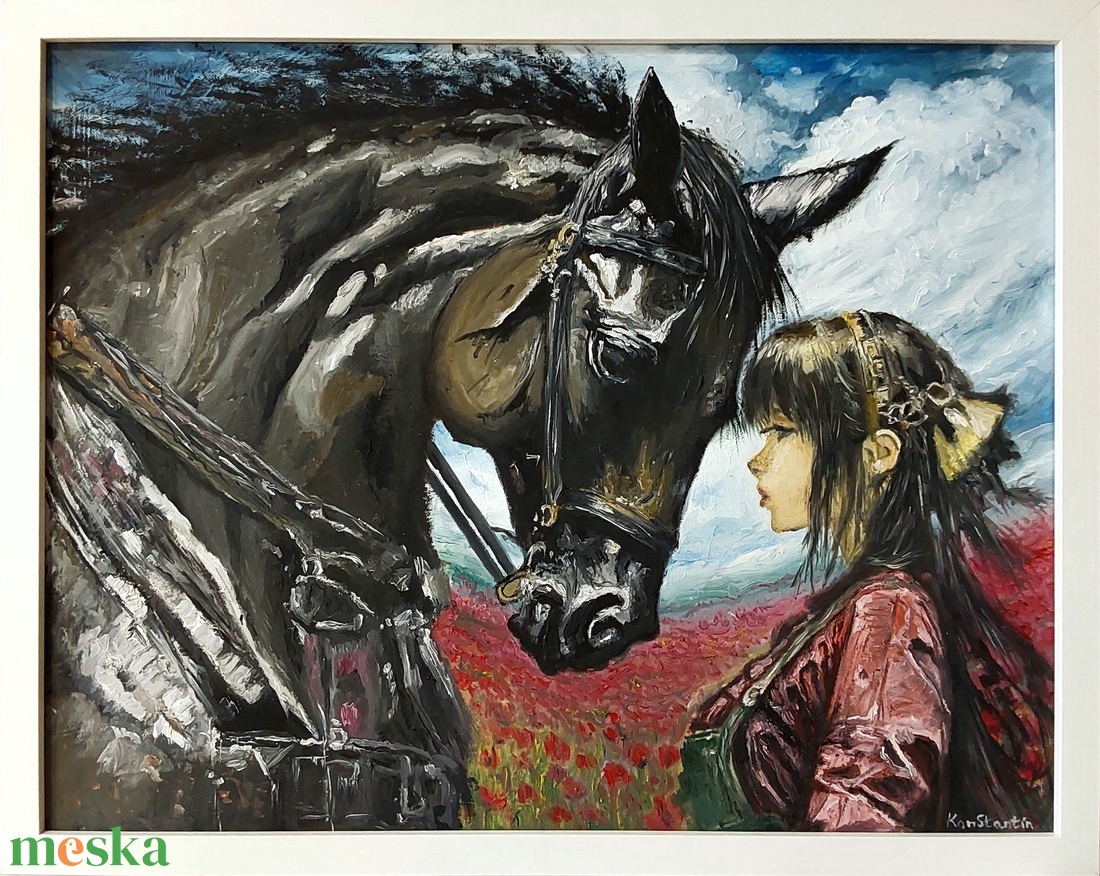 Konstantin Pál: Lány lóval pipacsmezőn modern olajfestmény faroston, fehér fa keretben - művészet - festmény - olajfestmény - Meska.hu
