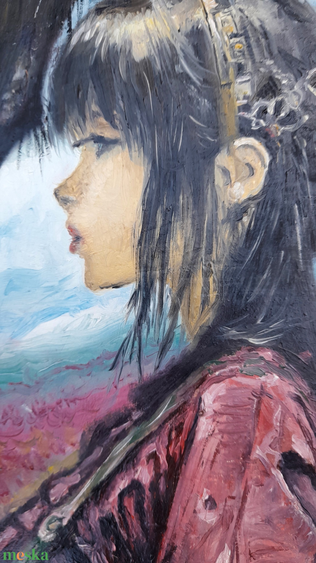 Konstantin Pál: Lány lóval pipacsmezőn modern olajfestmény faroston, fehér fa keretben - művészet - festmény - olajfestmény - Meska.hu