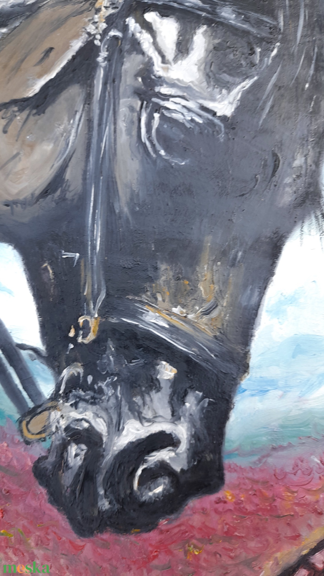 Konstantin Pál: Lány lóval pipacsmezőn modern olajfestmény faroston, fehér fa keretben - művészet - festmény - olajfestmény - Meska.hu