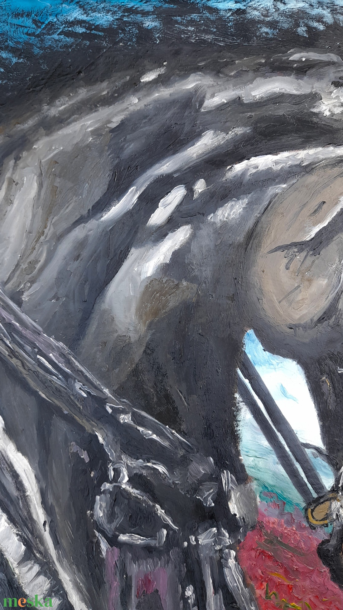 Konstantin Pál: Lány lóval pipacsmezőn modern olajfestmény faroston, fehér fa keretben - művészet - festmény - olajfestmény - Meska.hu