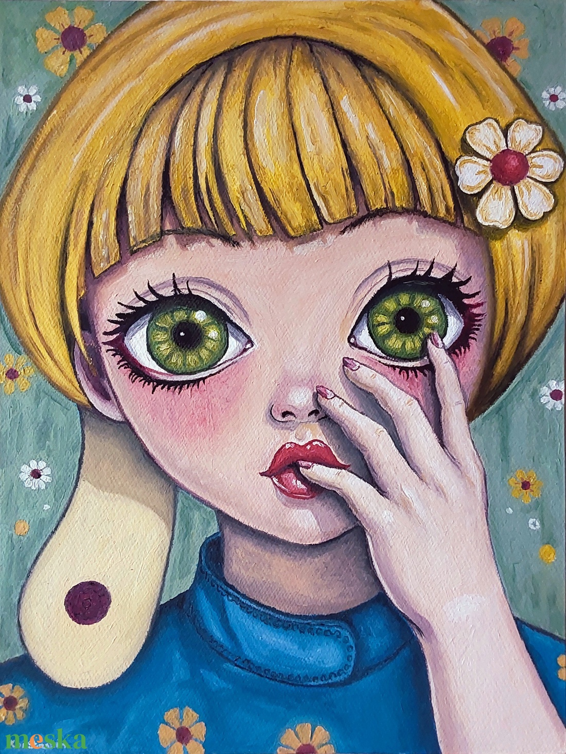 Konstantin Pál: lány modern nagyméretű olajfestmény faroston, zöld keretben - művészet - festmény - olajfestmény - Meska.hu