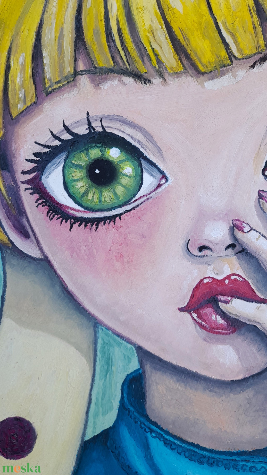 Konstantin Pál: lány modern nagyméretű olajfestmény faroston, zöld keretben - művészet - festmény - olajfestmény - Meska.hu